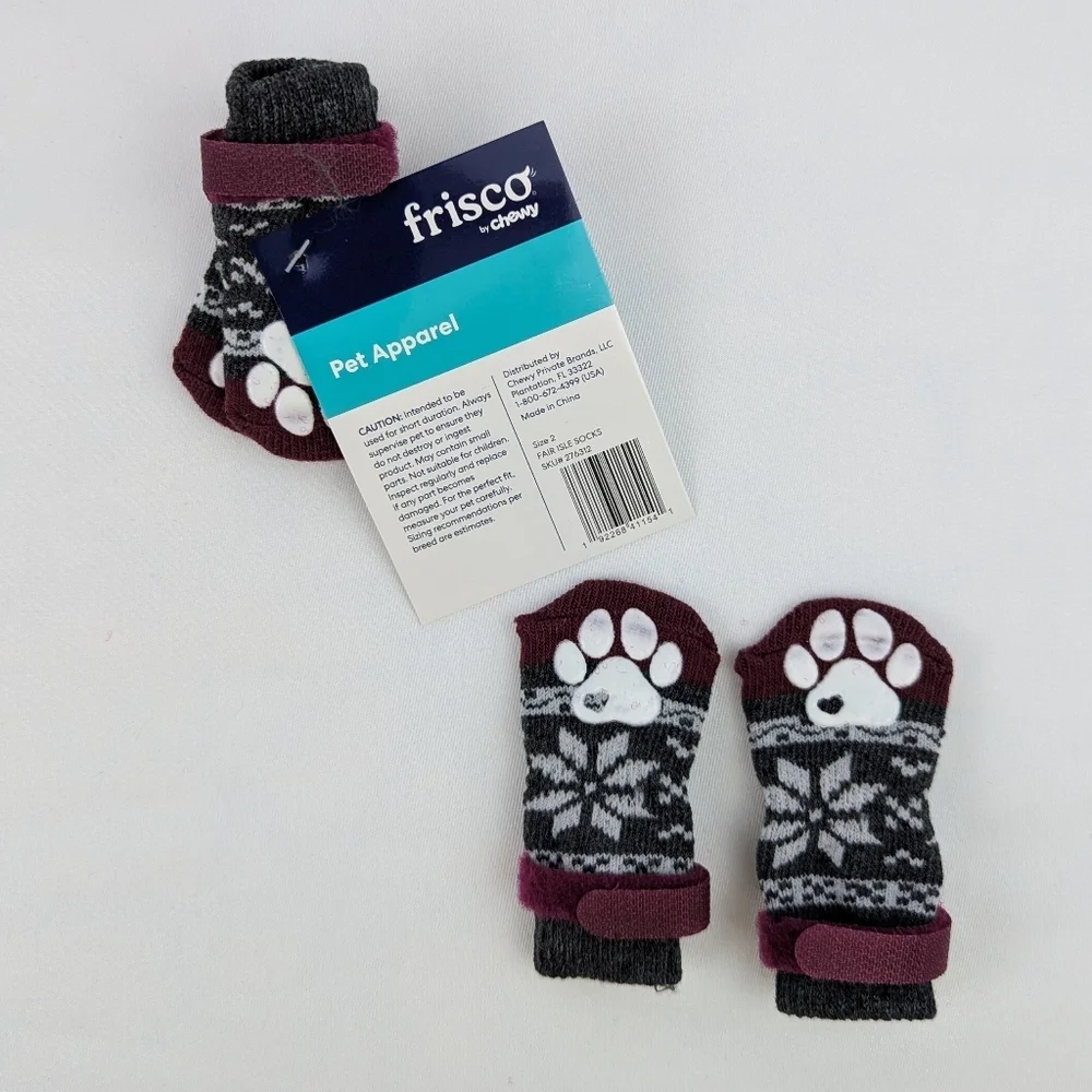 Chewy Frisco Dog Socks Small Breed Non-Skid Indoor Fair Isle Grey Size 2 NWT